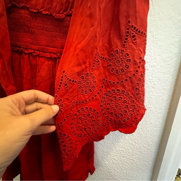 American Eagle Womens Red Front Bow Tie Bell Sleeve Romper XS Smocked Waist NWT - Picture 6 of 13